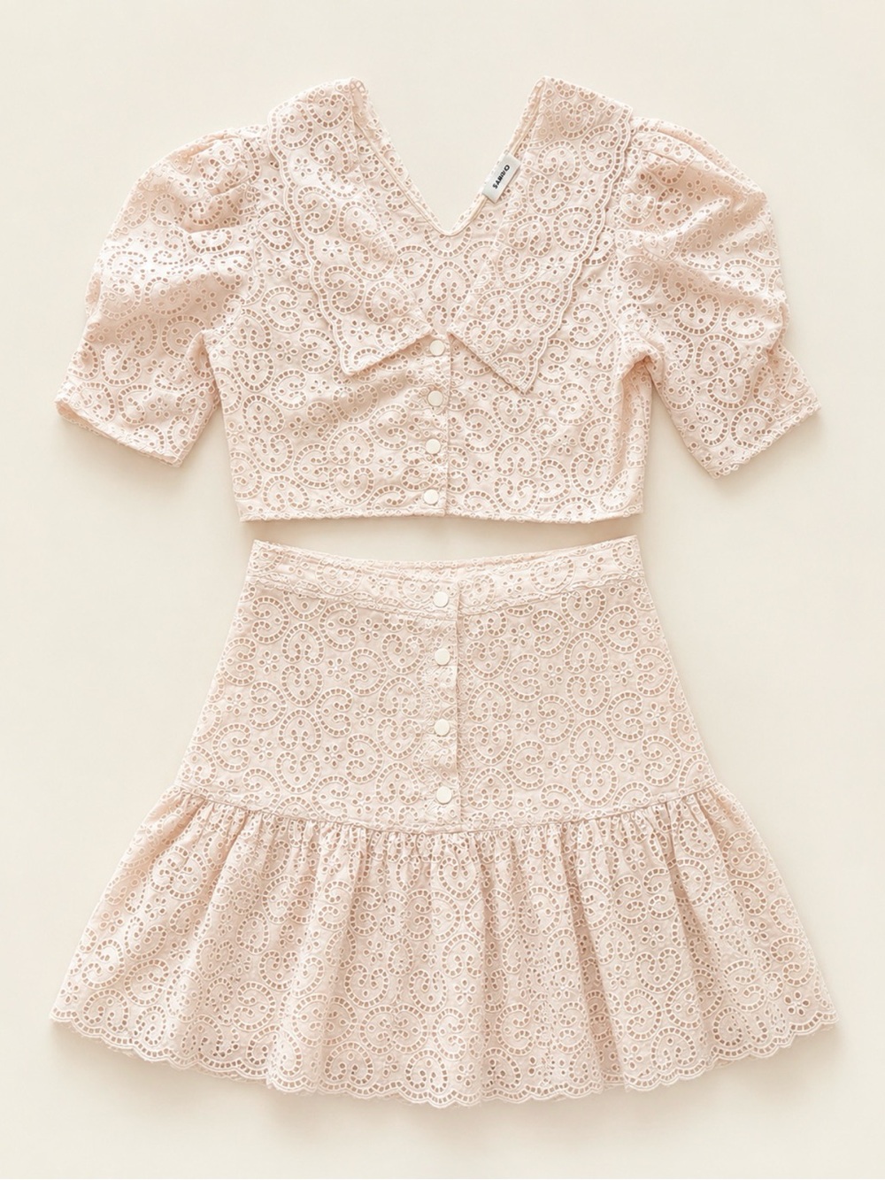 Sandro Cream Blush Eyelet Cropped Top & Mini Skirt Set Scalloped Small - Picture 2 of 15